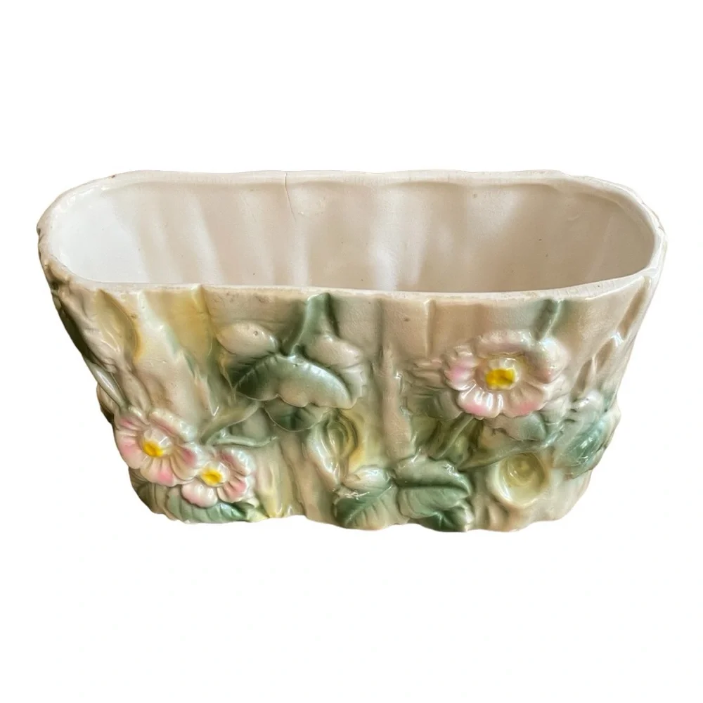 Vintage 1950s Wales Pottery Japan Floral Log Planter Cottagecore MCM